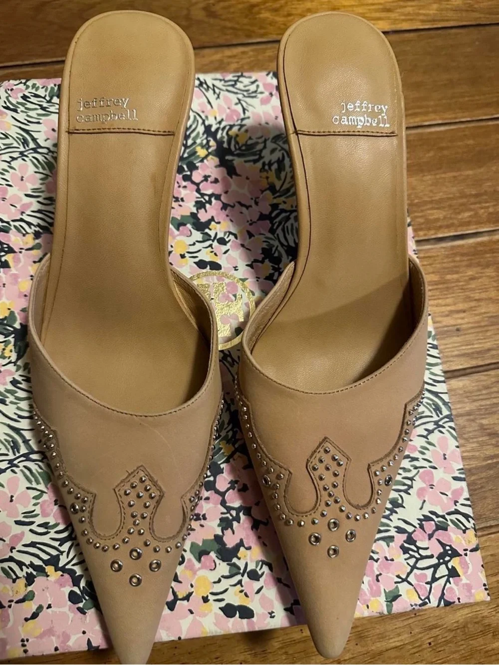 Jeffrey Campbell Tan Pointed Studded Slide Mules